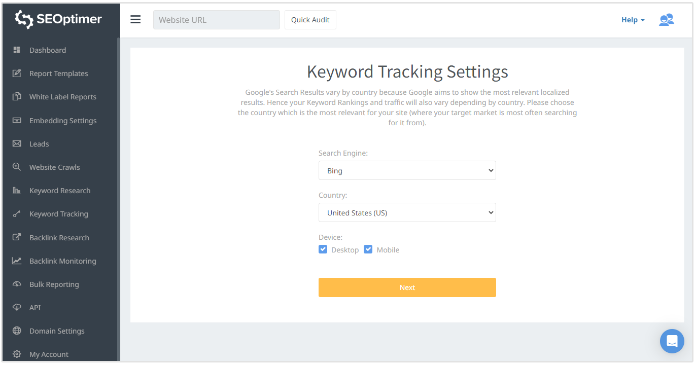 bing trefwoord tracking op seoptimer